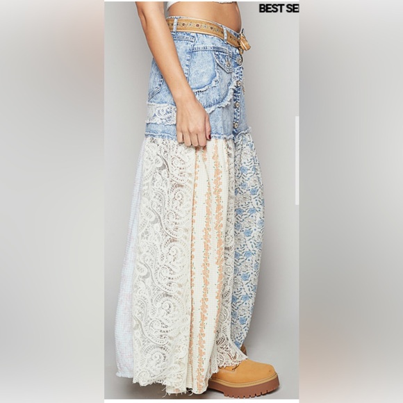 POL Patchwork Maxi Skirt in Light Blue, Cream, Tan - Picture 3 of 5